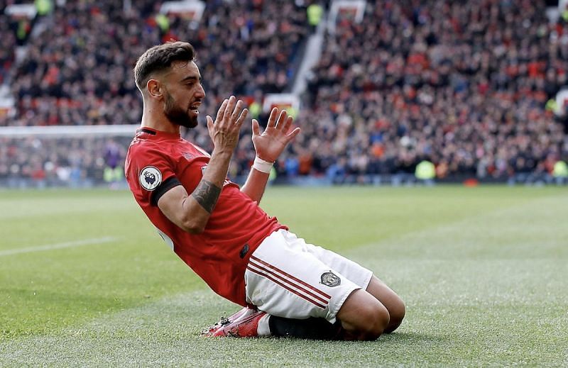 Bruno Fernandes celebrates after scoring a goal